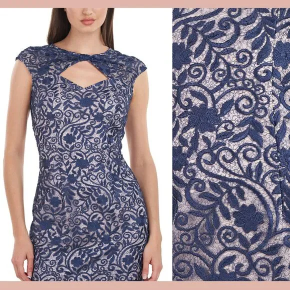 NEW $268 JS Collections [ 4 ] Daniela Bow Tea Length Dress Navy Blue/Blush Q1050